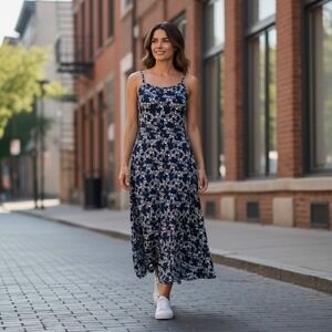 PACT Organic Floral Fit Flare Midi Dress Sz M Sundress Pockets Bra Travel